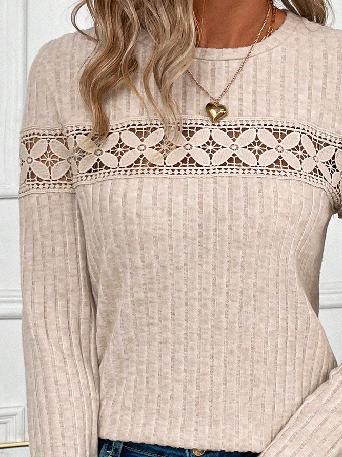 Lace Hallow Out Design Daily Jersey Plain Loose Casual Crew Neck H-Line