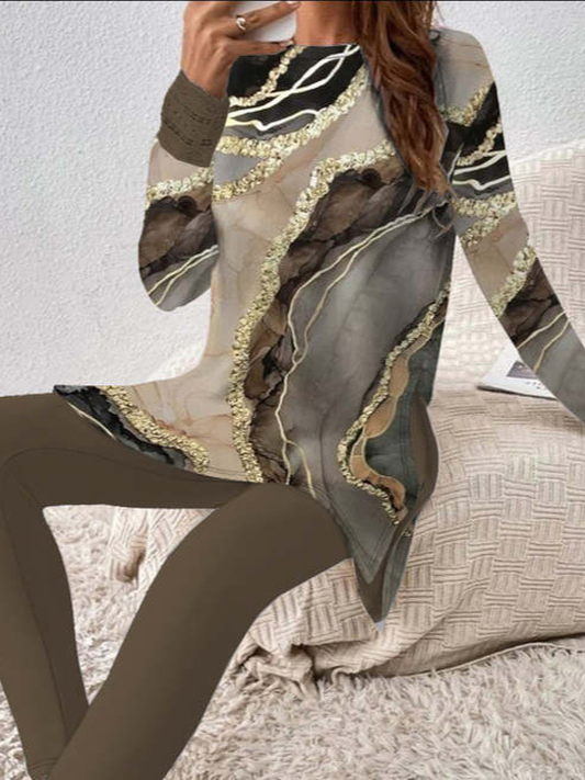 Plus Size Casual Abstract Print Crew Neck Long Sleeve Top With Pants Jersey Loose Two-Piece Set