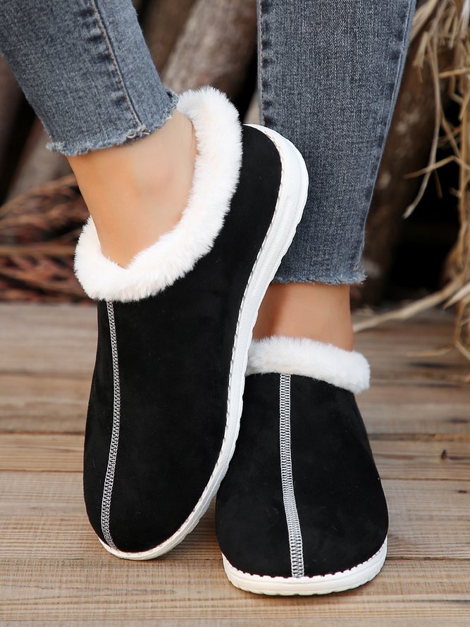 Casual Black Warm Furry Slip On Shoes