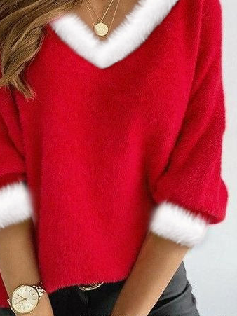 Christmas Yarn/Wool Daily Plain Fur Collar Winter Heavyweight Casual V Neck Long Sleeve Sweater