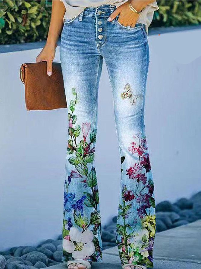 Casual Floral Regular Fit Jeans