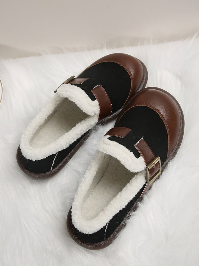 Vintage Buckle Color Block Paneled Warm Lined Slip On Shoes