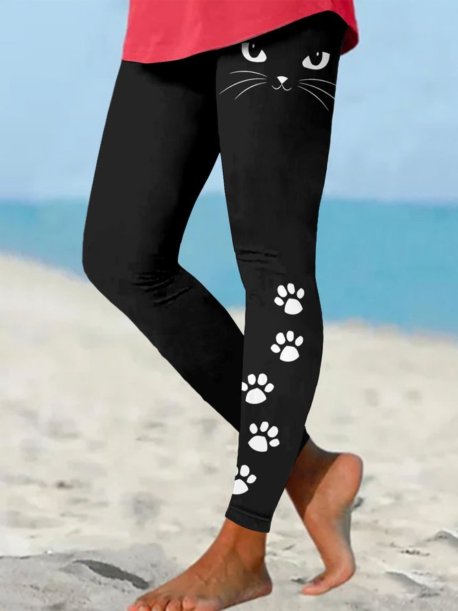 Black Cat Face Paw Print Comfy Leggings