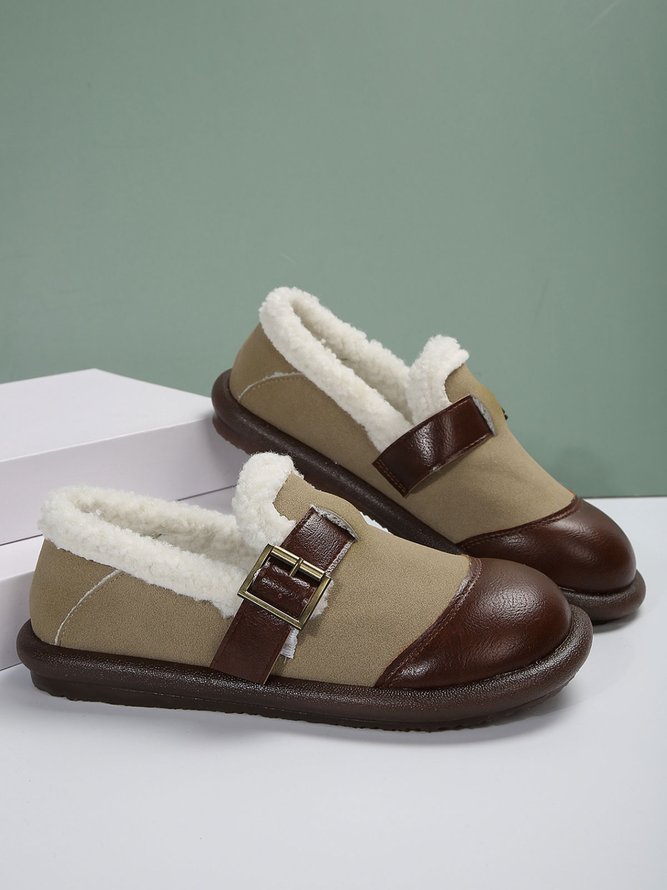 Vintage Buckle Color Block Paneled Warm Lined Slip On Shoes