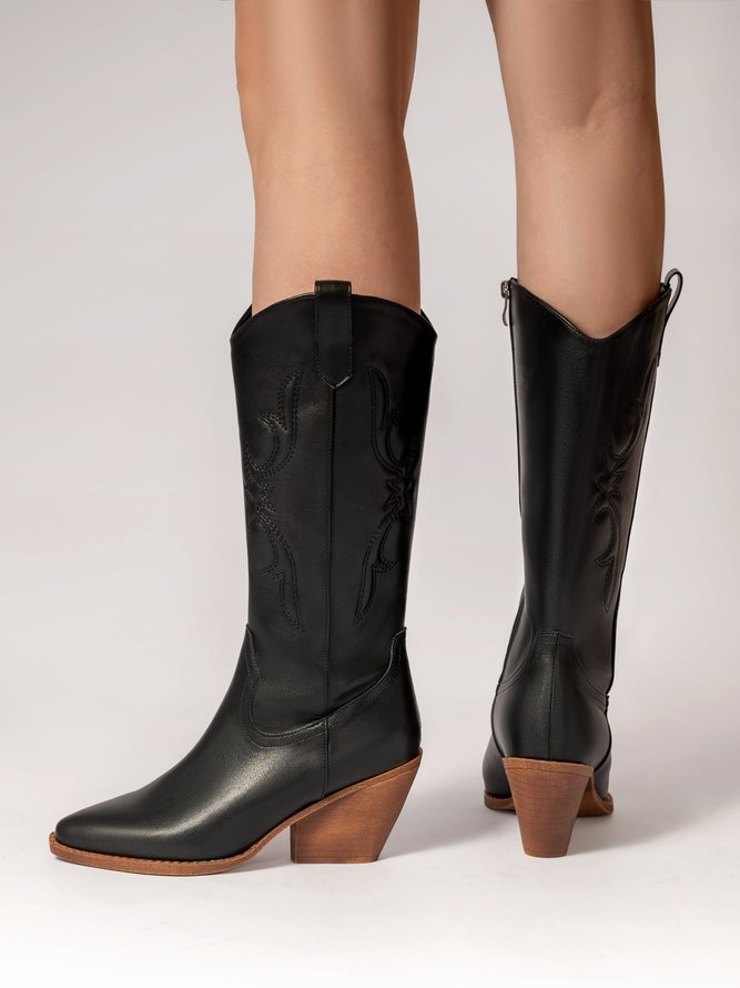 West Style Embroidery Block Heel Mid-calf Boots