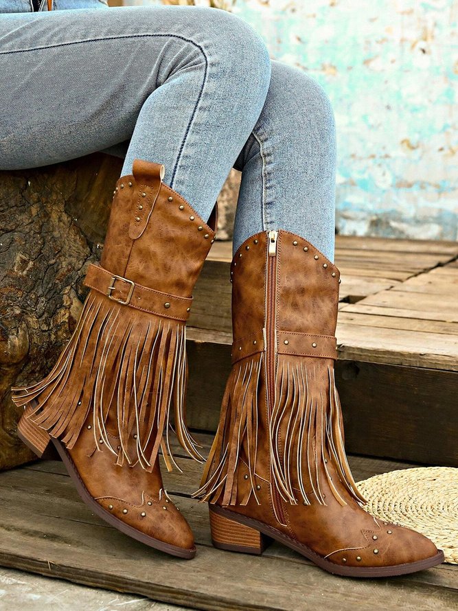 Vintage Rivet Fringe Block Heel Western Boots