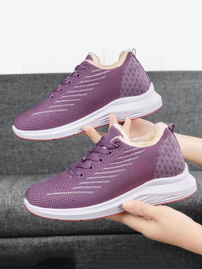 Women Warm Lined Mesh Fabric Lace-Up Sneakers
