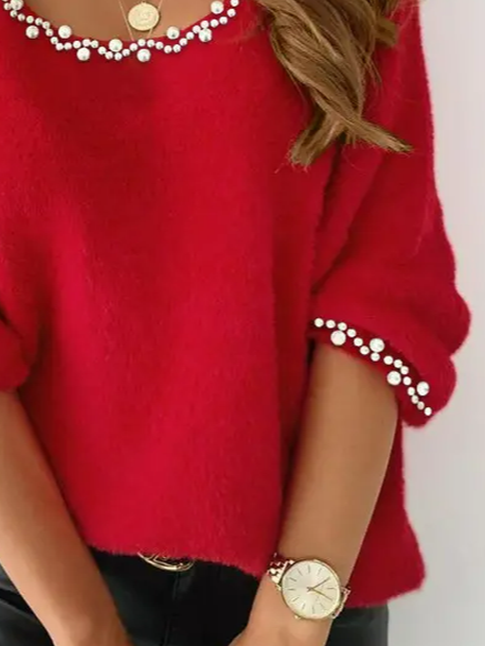 Plus Size Plain Casual Beaded Sweater