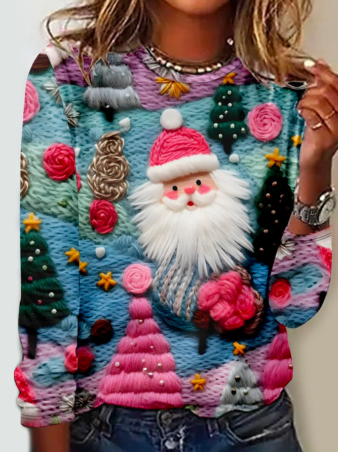 3D Print Christmas Pink Santa Claus Print Daily Crew Neck Regular Fit H-Line Casual Long Sleeve Shirt
