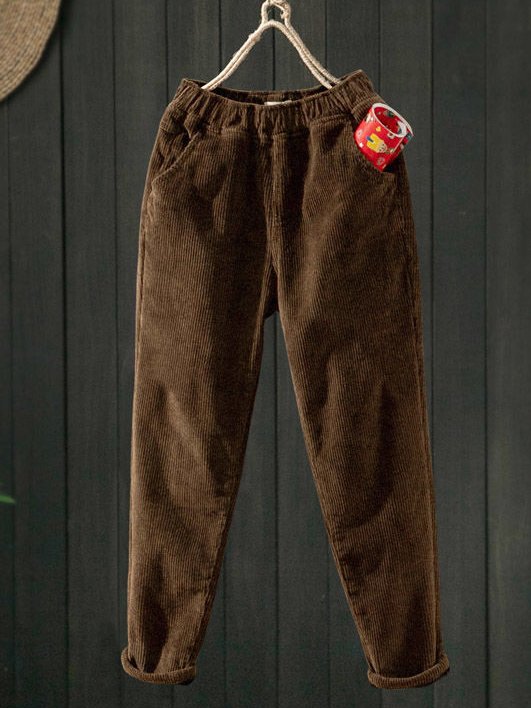 Corduroy Winter Fleece Plain Corduroy Casual Elastic Band H-Line Straight Long Pants With Pockets
