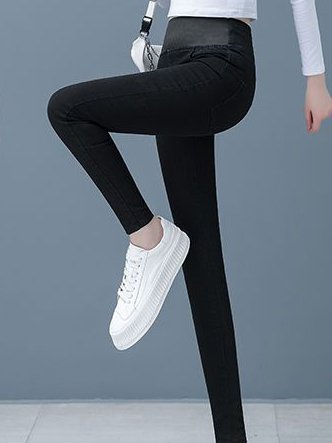 Daily Casual Plain Washing Process Denim Jeans Elastic Band  Straight Long Pants With Pockets