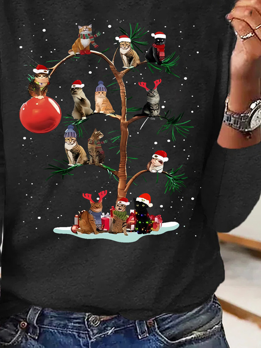 Plus Size Casual Cotton-Blend Christmas Tree T-Shirt