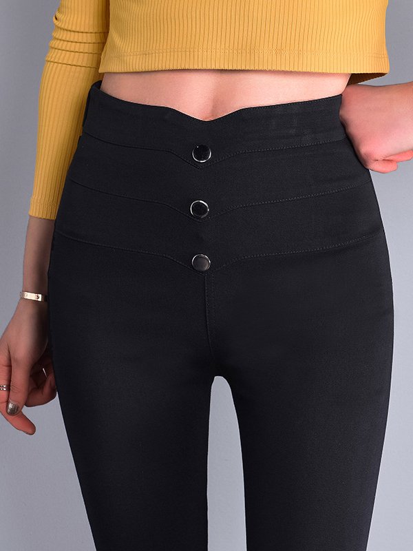 Buckle Corduroy Casual Plain Pants