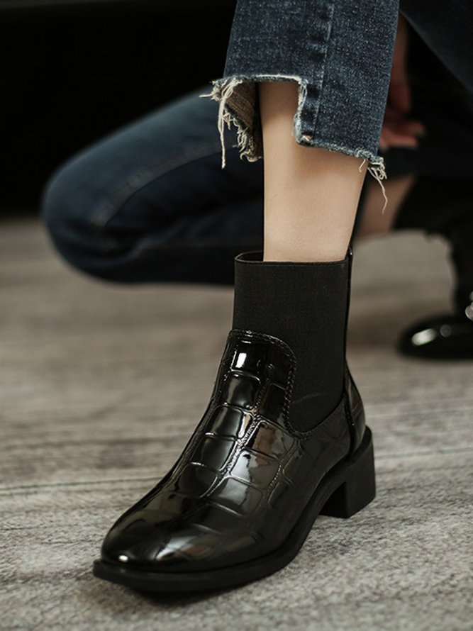Croc-embossed Patent Leather Paneled Slip On Boots