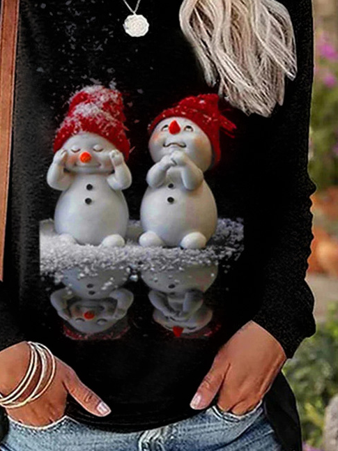 Plus Size Daily Casual Loose Christmas Snowman Print H-Line Long Sleeve T-Shirt