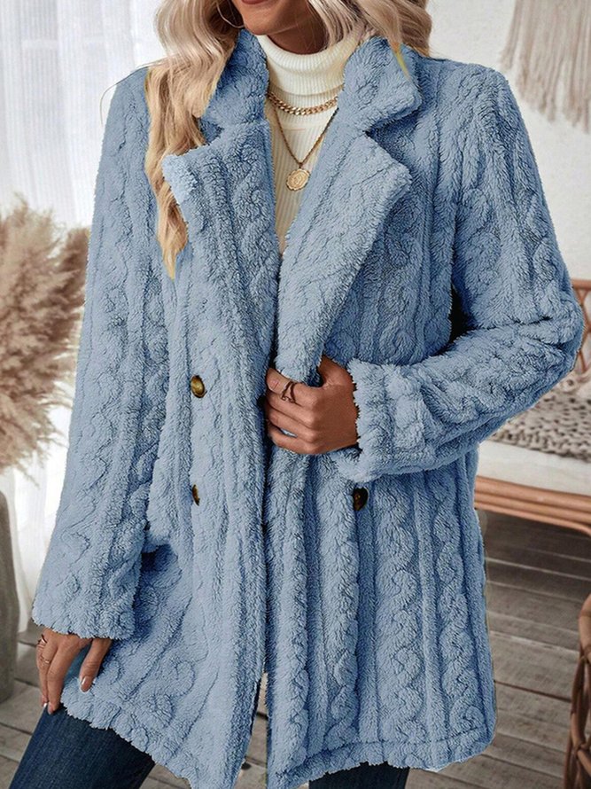Plus size Fleece Lapel Collar Plain Winter Thicken Loose Casual H-Line Teddy Jacket