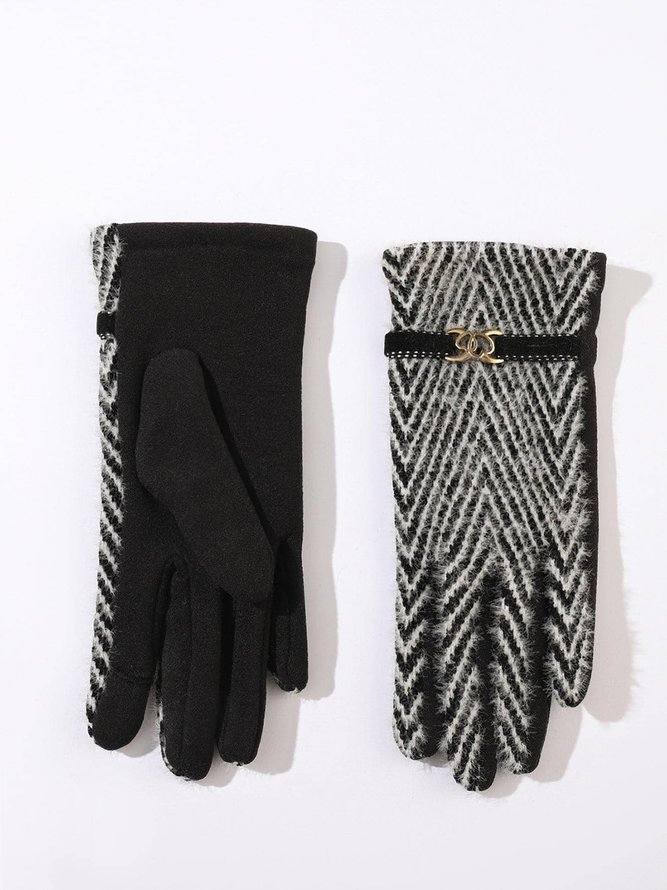 Women Urban Striped Touchscreen Love Heart Metal Accessory Plush Glove