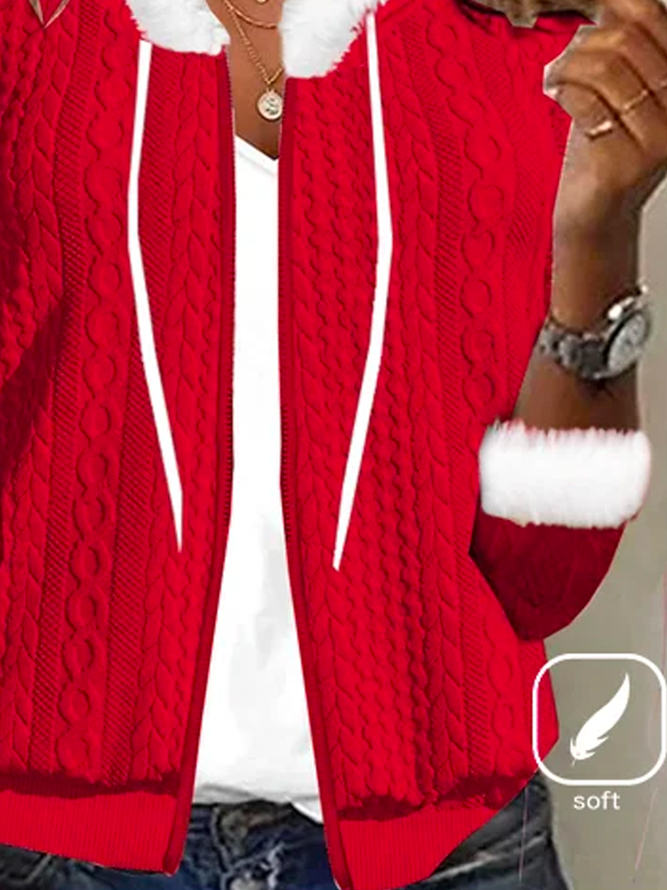 Plus size Christmas Fur Collar Zipper Plain Loose Casual Jacquard Holiday Long Sleeve Pilot Jacket