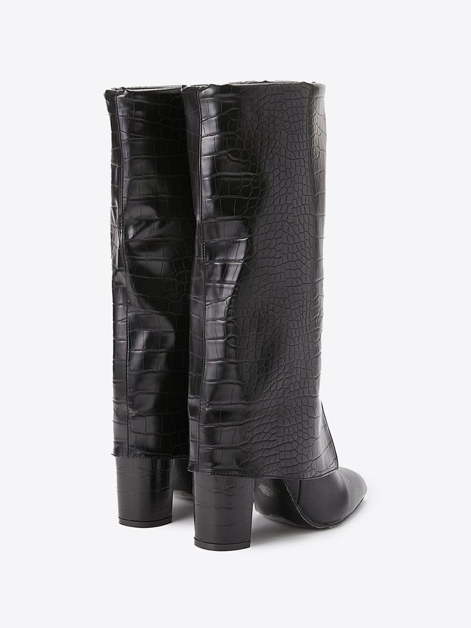 Minimalist Embossed Turn-Up Chunky Heel Mid-Calf Boots