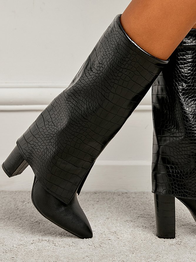 Minimalist Embossed Turn-Up Chunky Heel Mid-Calf Boots