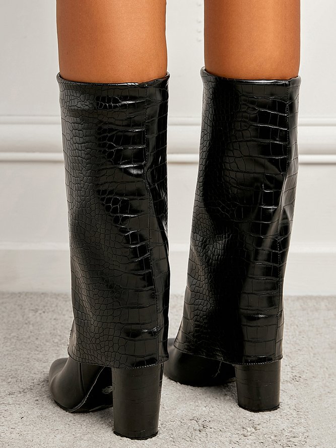 Minimalist Embossed Turn-Up Chunky Heel Mid-Calf Boots