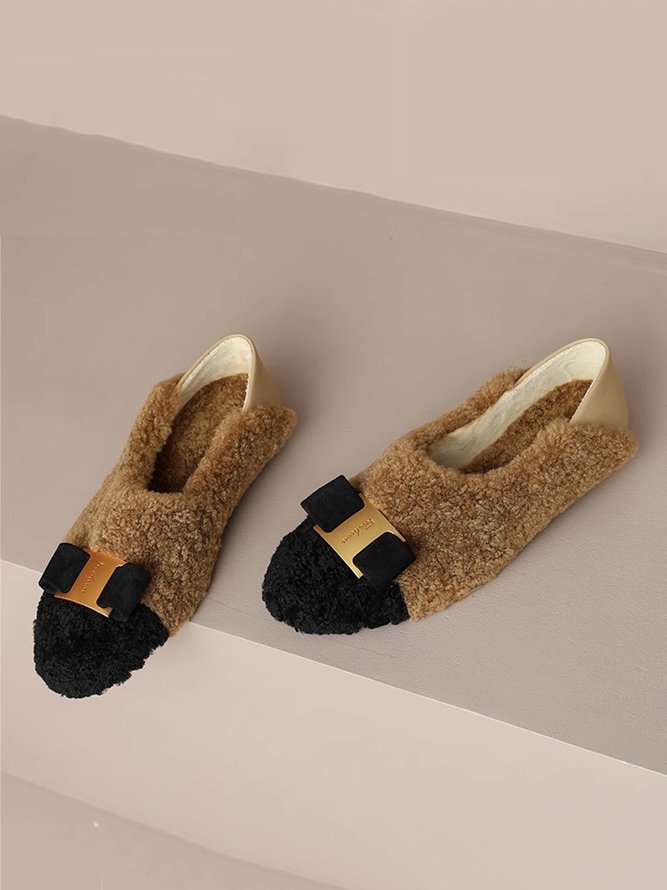 Comfy Metal Bowknot Colorblock Faux Fur Slip On Shoes