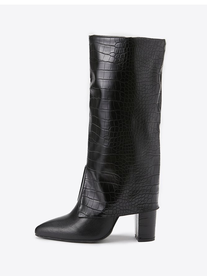 Minimalist Embossed Turn-Up Chunky Heel Mid-Calf Boots