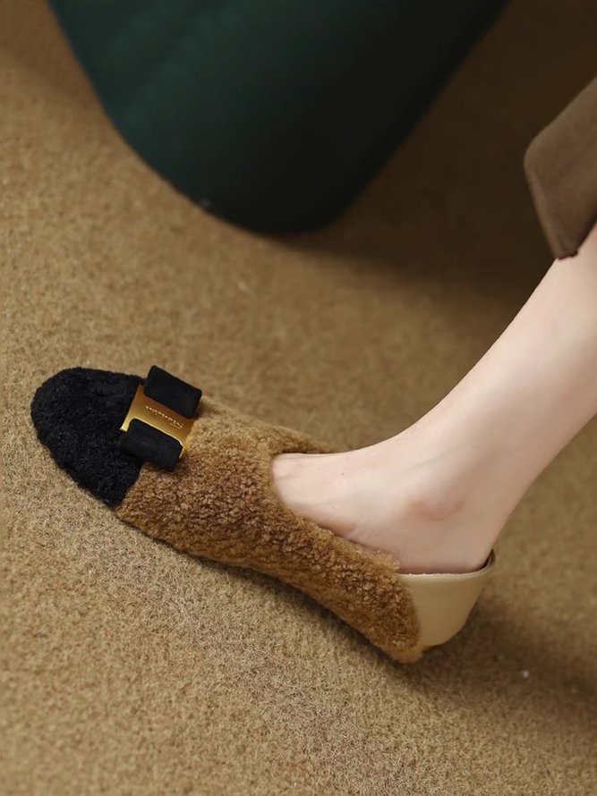 Comfy Metal Bowknot Colorblock Faux Fur Slip On Shoes
