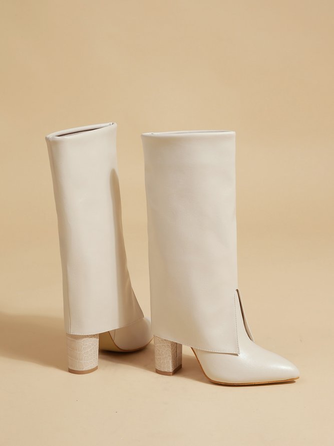 Minimalist Embossed Turn-Up Chunky Heel Mid-Calf Boots