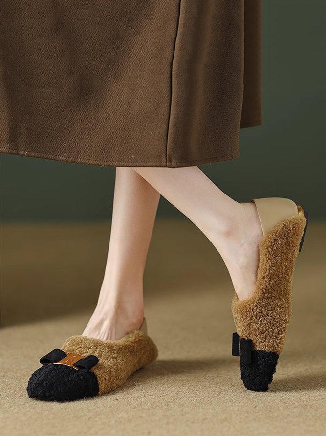 Comfy Metal Bowknot Colorblock Faux Fur Slip On Shoes