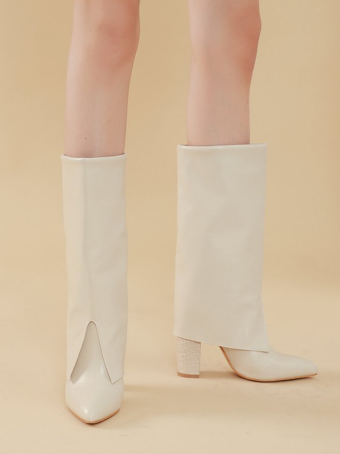 Minimalist Embossed Turn-Up Chunky Heel Mid-Calf Boots
