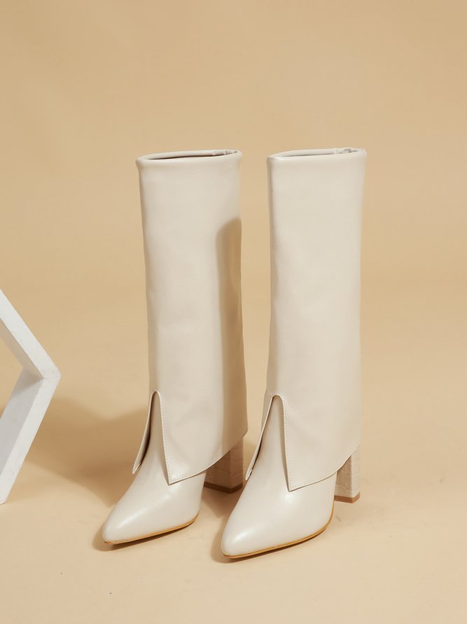Minimalist Embossed Turn-Up Chunky Heel Mid-Calf Boots