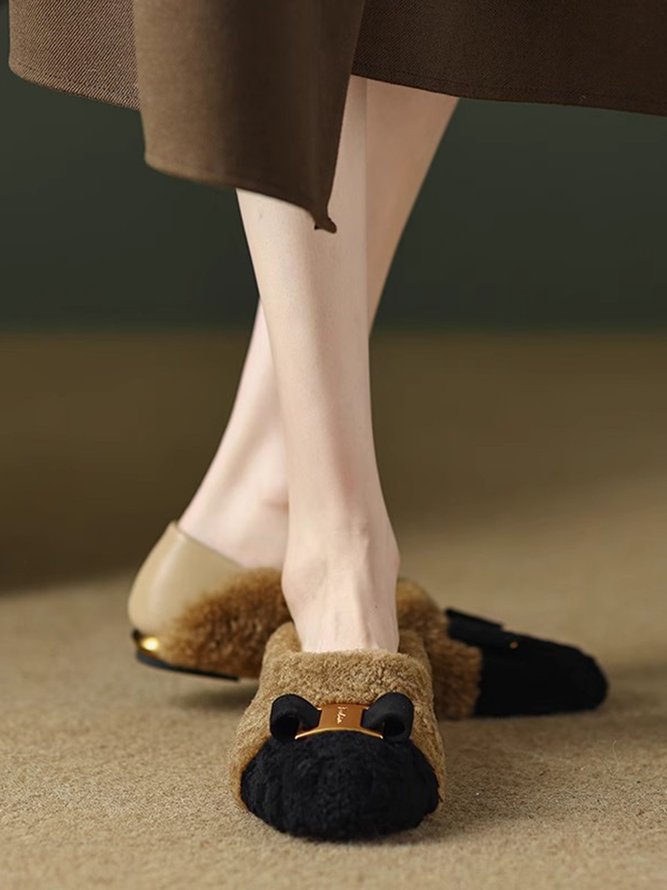 Comfy Metal Bowknot Colorblock Faux Fur Slip On Shoes
