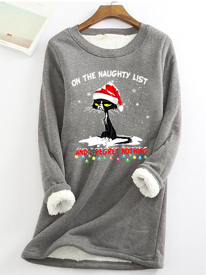 Funny Christmas  Cat Graphic Casual Santa Claus Fleece Sweatshirt
