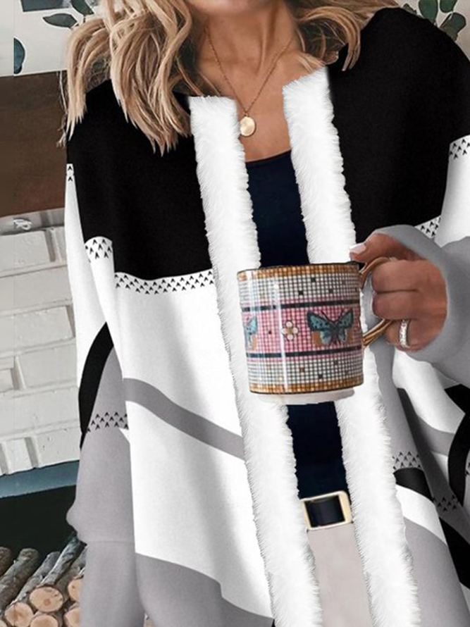 Crew Neck Fur Collar Casual Abstract Graphic Jacket