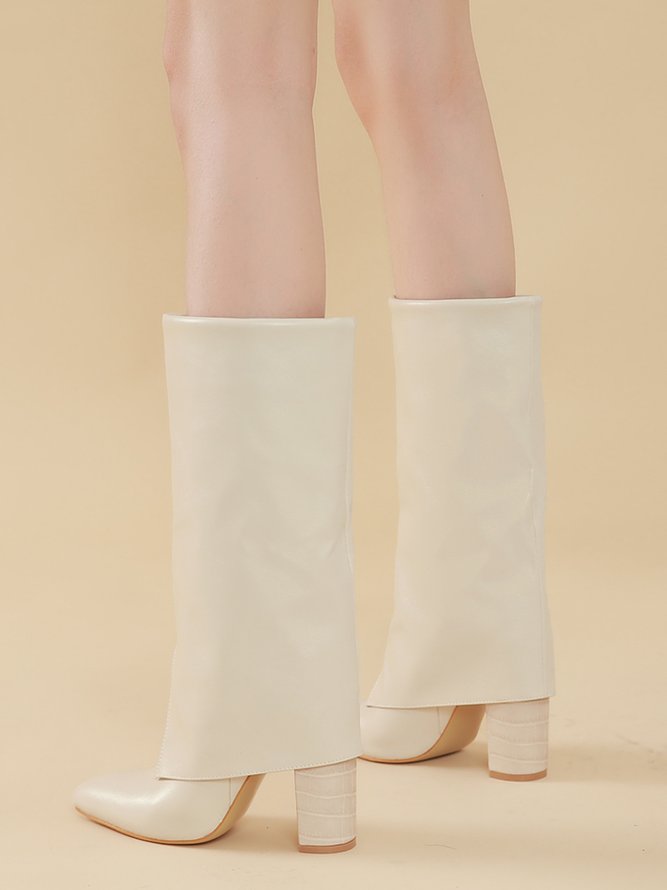 Minimalist Embossed Turn-Up Chunky Heel Mid-Calf Boots