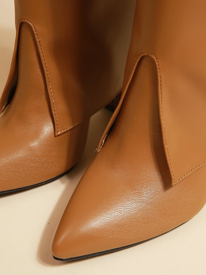 Minimalist Embossed Turn-Up Chunky Heel Mid-Calf Boots