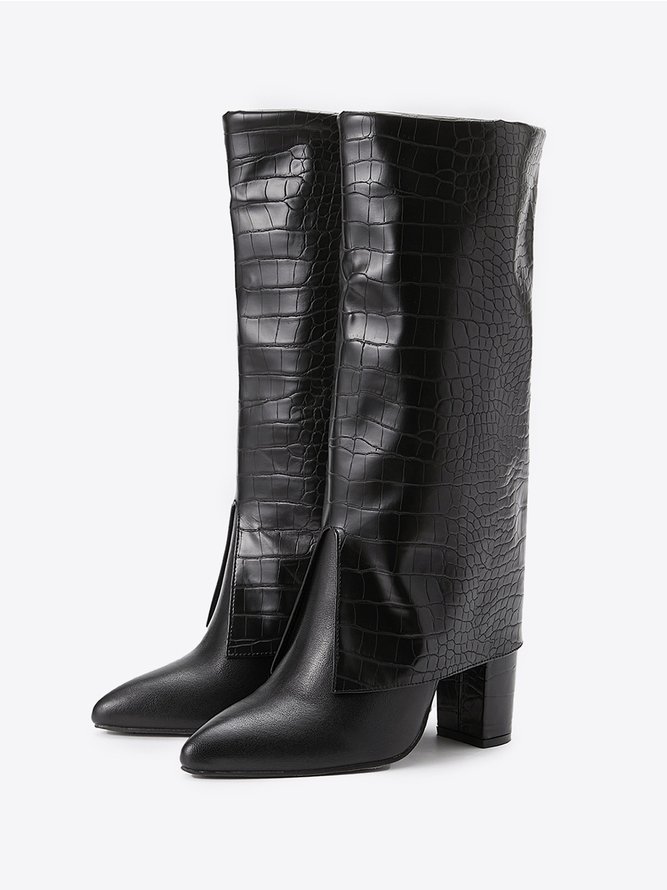 Minimalist Embossed Turn-Up Chunky Heel Mid-Calf Boots