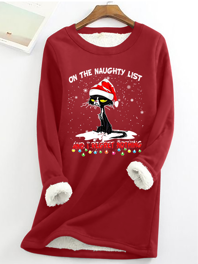 Funny Christmas  Cat Graphic Casual Santa Claus Fleece Sweatshirt