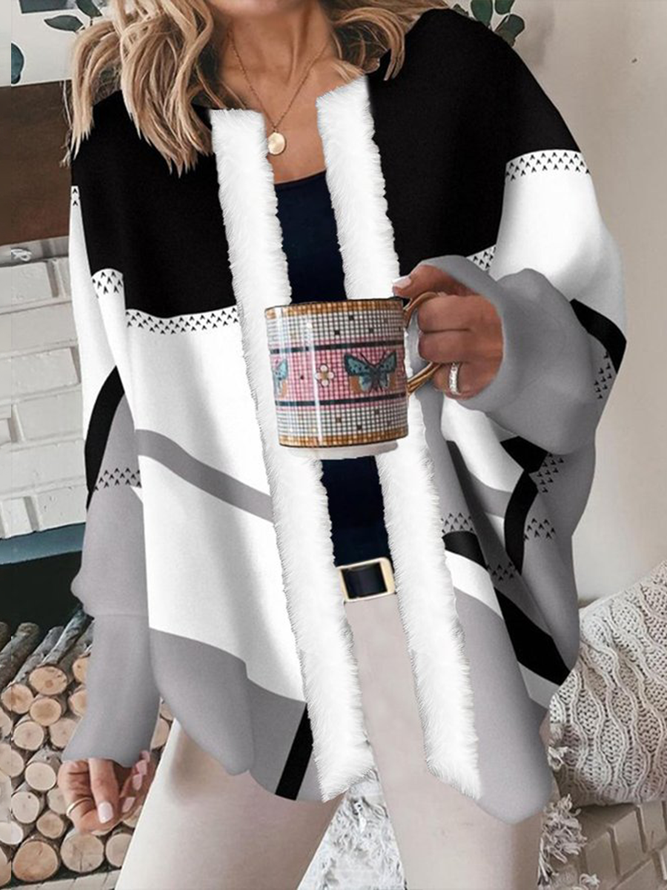 Crew Neck Fur Collar Casual Abstract Graphic Jacket