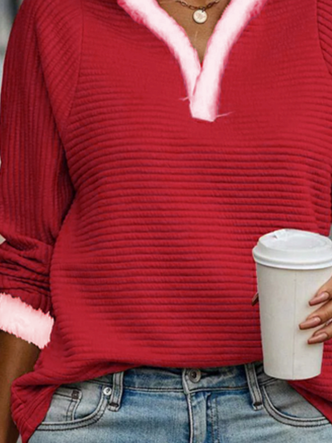 Christmas Fur Collar Heavyweight Plain Holiday Casual V Neck H-Line Long Sleeve Sweatshirt