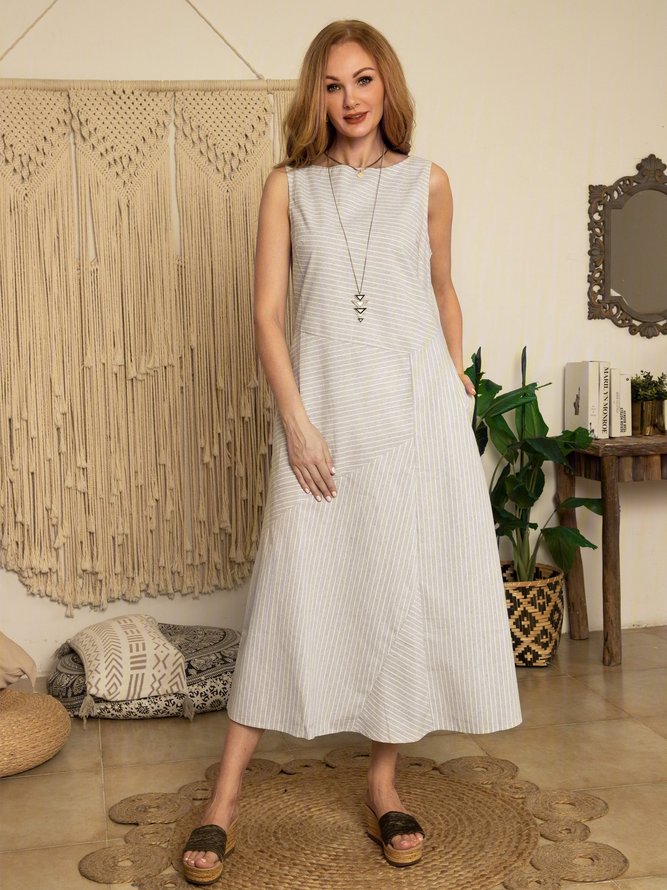 zolucky Women Casual Dress Cotton Striped Crew Neck Shift Daily Weaving