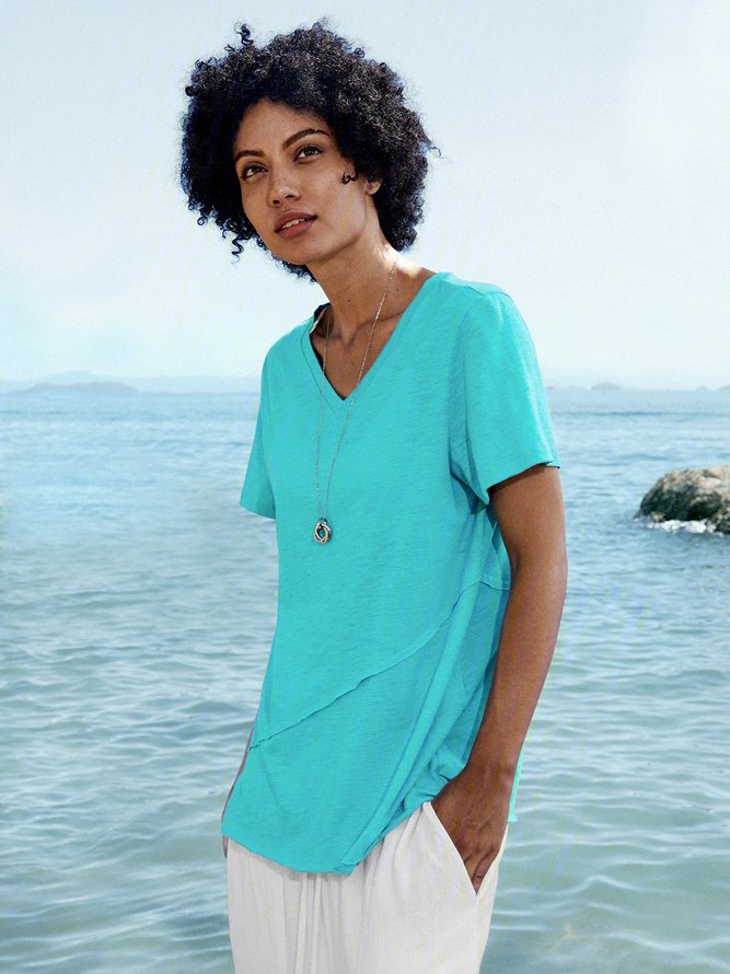 Blue Casual Cotton Solid V Neck T-shirt