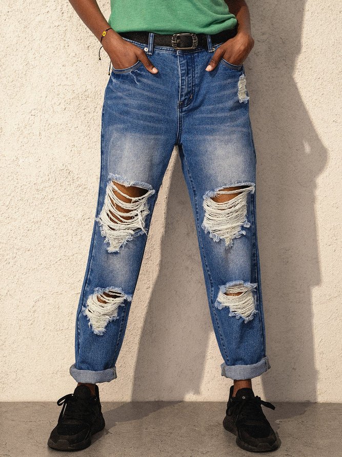 Blue Random Ripped Denim Sheath Vintage Jeans