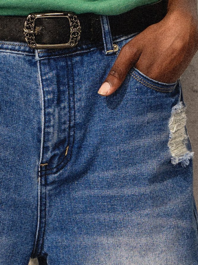 Blue Random Ripped Denim Sheath Vintage Jeans