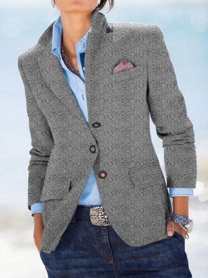 zolucky Solid Pockets Blazer Plus Size Lapel Jacket