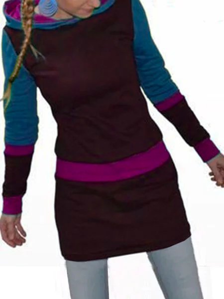 zolucky Long Sleeve Hoodie Color-Block Knitting Dress