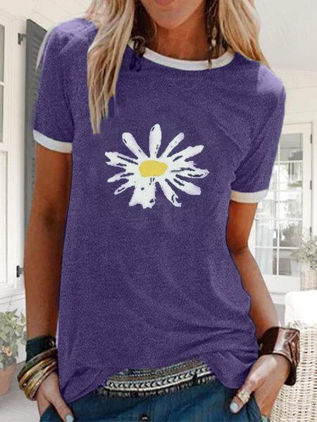 Women Floral Print Short Sleeve Round Neck T-shirt Top