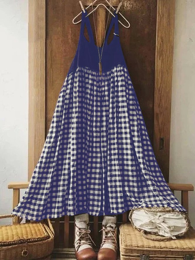 Women Sleeveless Vintage Plaid Plus Size Cotton Casual Maxi Weaving Dress