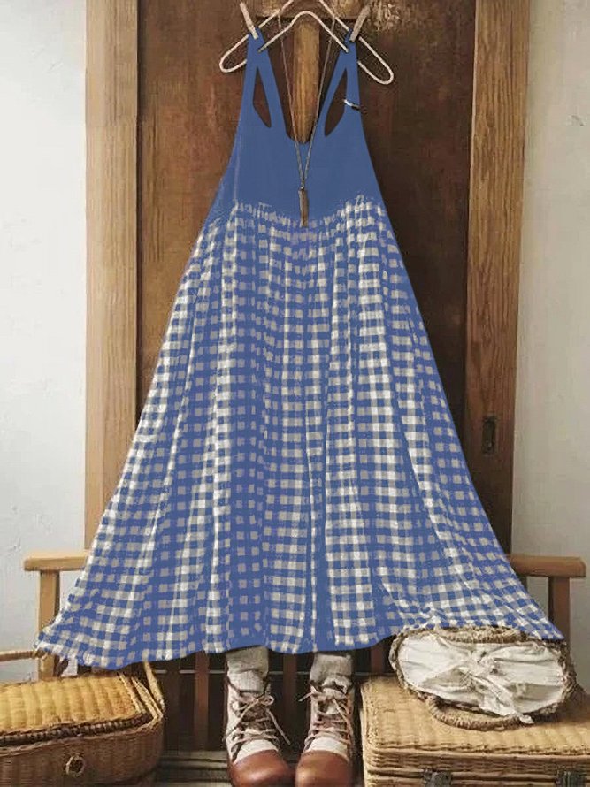 Women Sleeveless Vintage Plaid Plus Size Cotton Casual Maxi Weaving Dress